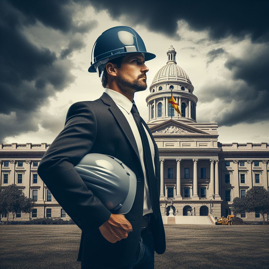 A determined construction manager in front of a government building