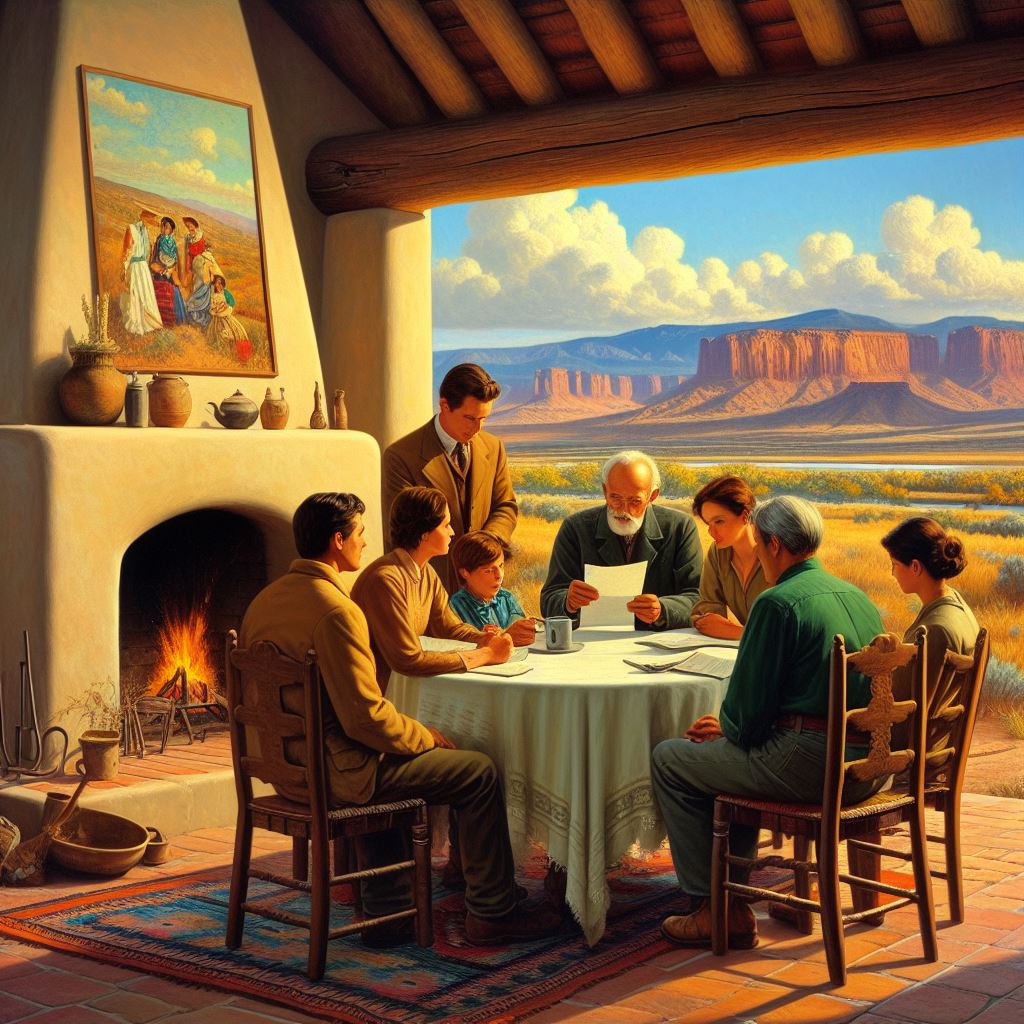 A family gathered around a table reviewing documents